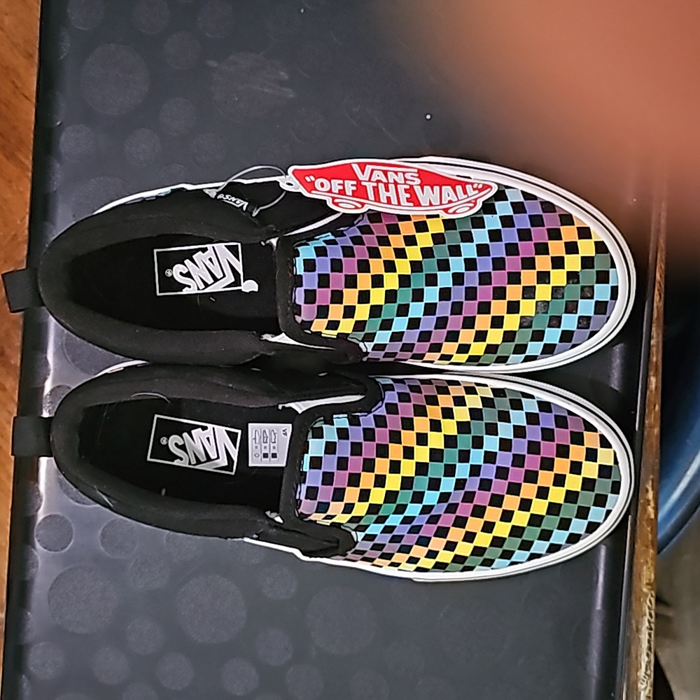 Kids Rainbow checkerboard slip on Vans